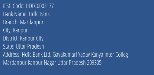 Hdfc Bank Mardanpur Branch Kanpur City IFSC Code HDFC0003177