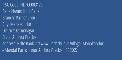 Hdfc Bank Pachchunur Branch Karimnagar IFSC Code HDFC0003179