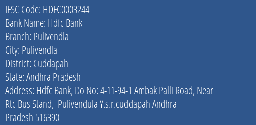 Hdfc Bank Pulivendla Branch Cuddapah IFSC Code HDFC0003244