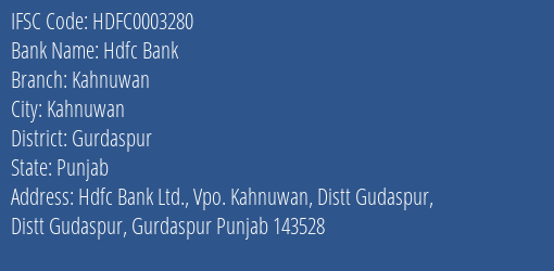 Hdfc Bank Kahnuwan Branch Gurdaspur IFSC Code HDFC0003280