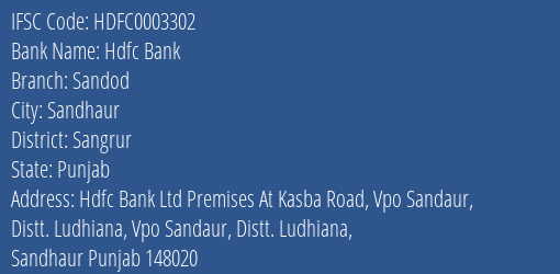 Hdfc Bank Sandod Branch Sangrur IFSC Code HDFC0003302