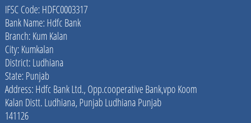 Hdfc Bank Kum Kalan Branch Ludhiana IFSC Code HDFC0003317