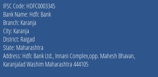 Hdfc Bank Karanja Branch, Branch Code 003345 & IFSC Code HDFC0003345