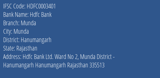 Hdfc Bank Munda Branch Hanumangarh IFSC Code HDFC0003401