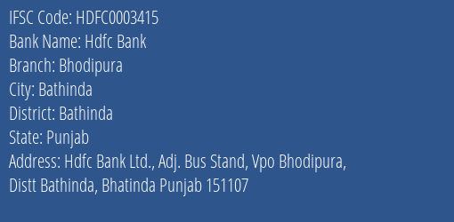 Hdfc Bank Bhodipura Branch Bathinda IFSC Code HDFC0003415