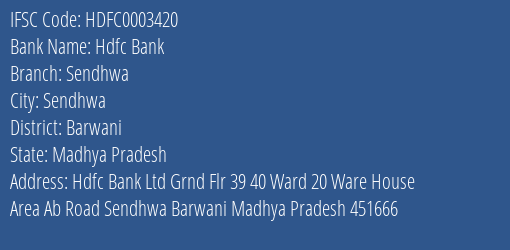 Hdfc Bank Sendhwa Branch Barwani IFSC Code HDFC0003420