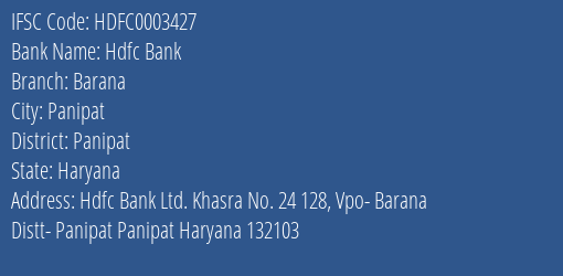 Hdfc Bank Barana Branch Panipat IFSC Code HDFC0003427