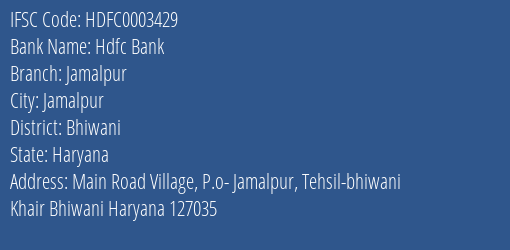 Hdfc Bank Jamalpur Branch Bhiwani IFSC Code HDFC0003429