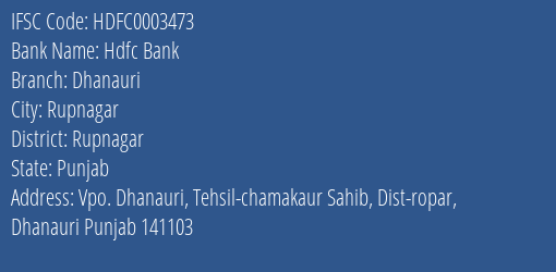 Hdfc Bank Dhanauri Branch Rupnagar IFSC Code HDFC0003473