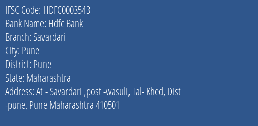 Hdfc Bank Savardari Branch Pune IFSC Code HDFC0003543