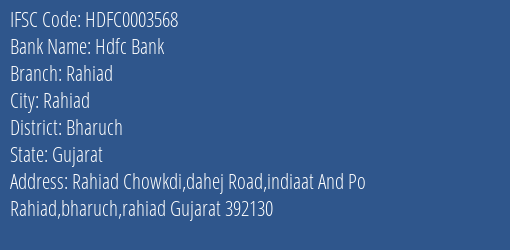 Hdfc Bank Rahiad Branch, Branch Code 003568 & IFSC Code HDFC0003568