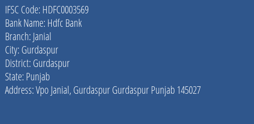 Hdfc Bank Janial Branch Gurdaspur IFSC Code HDFC0003569