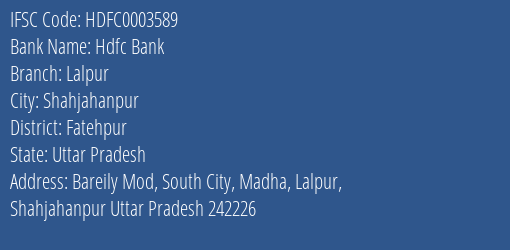 Hdfc Bank Lalpur Branch Fatehpur IFSC Code HDFC0003589