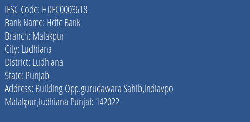 Hdfc Bank Malakpur Branch Ludhiana IFSC Code HDFC0003618