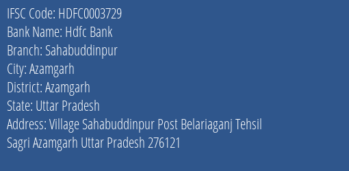 Hdfc Bank Sahabuddinpur Branch Azamgarh IFSC Code HDFC0003729