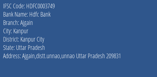 Hdfc Bank Ajgain Branch Kanpur City IFSC Code HDFC0003749