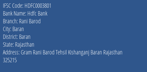 Hdfc Bank Rani Barod Branch Baran IFSC Code HDFC0003801