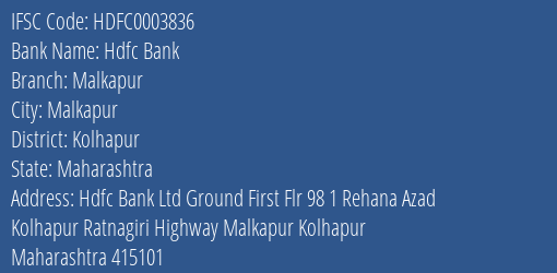 Hdfc Bank Malkapur Branch Kolhapur IFSC Code HDFC0003836