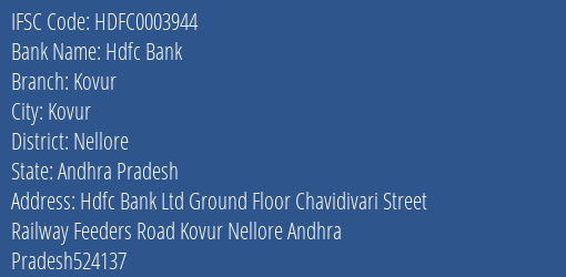 Hdfc Bank Kovur Branch, Branch Code 003944 & IFSC Code HDFC0003944