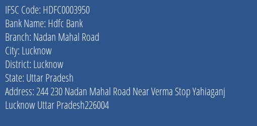Hdfc Bank Nadan Mahal Road Branch Lucknow IFSC Code HDFC0003950