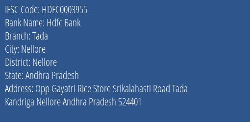 Hdfc Bank Tada Branch, Branch Code 003955 & IFSC Code HDFC0003955