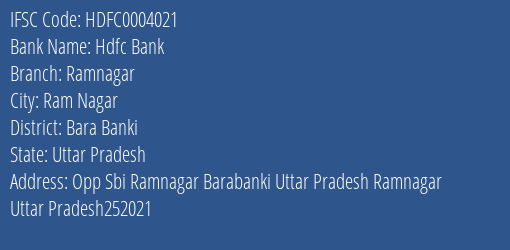 Hdfc Bank Ramnagar Branch Bara Banki IFSC Code HDFC0004021