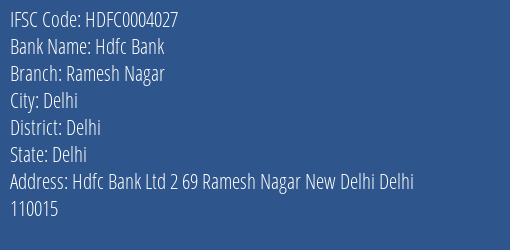 Hdfc Bank Ramesh Nagar Branch Delhi IFSC Code HDFC0004027