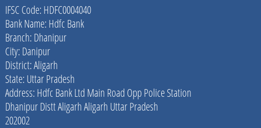 Hdfc Bank Dhanipur Branch Aligarh IFSC Code HDFC0004040