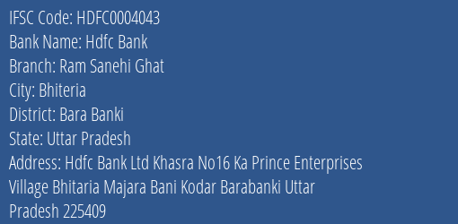 Hdfc Bank Ram Sanehi Ghat Branch Bara Banki IFSC Code HDFC0004043