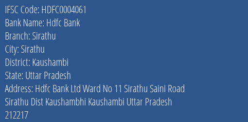 Hdfc Bank Sirathu Branch Kaushambi IFSC Code HDFC0004061