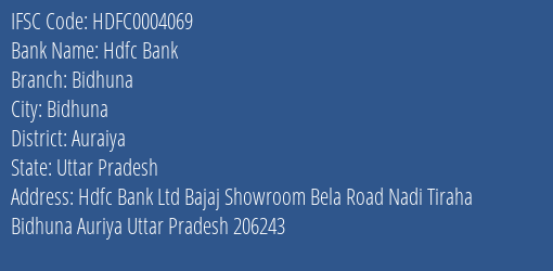 Hdfc Bank Bidhuna Branch Auraiya IFSC Code HDFC0004069