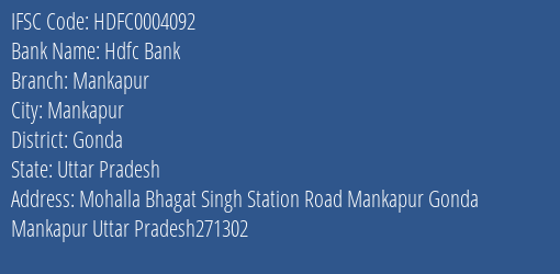 Hdfc Bank Mankapur Branch Gonda IFSC Code HDFC0004092