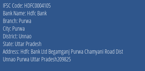 Hdfc Bank Purwa Branch Unnao IFSC Code HDFC0004105