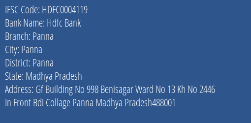 Hdfc Bank Panna Branch Panna IFSC Code HDFC0004119