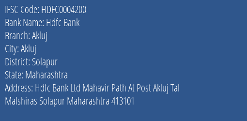 Hdfc Bank Akluj Branch Solapur IFSC Code HDFC0004200