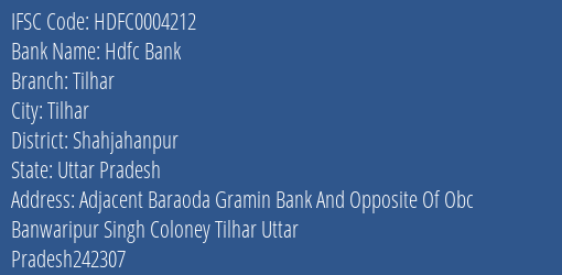 Hdfc Bank Tilhar Branch Shahjahanpur IFSC Code HDFC0004212