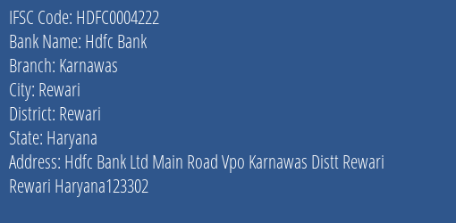 Hdfc Bank Karnawas Branch Rewari IFSC Code HDFC0004222