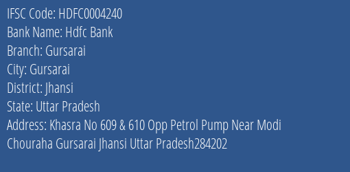 Hdfc Bank Gursarai Branch Jhansi IFSC Code HDFC0004240