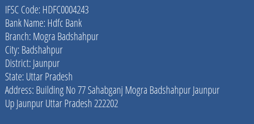 Hdfc Bank Mogra Badshahpur Branch, Branch Code 004243 & IFSC Code Hdfc0004243
