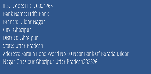 Hdfc Bank Dildar Nagar Branch Ghazipur IFSC Code HDFC0004265