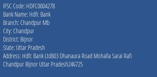 Hdfc Bank Chandpur Mb Branch Bijnor IFSC Code HDFC0004278