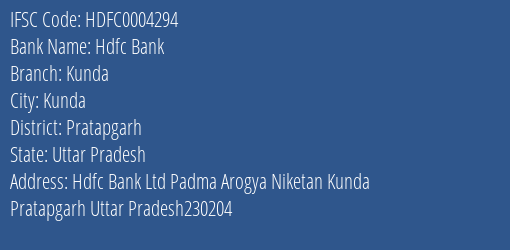Hdfc Bank Kunda Branch Pratapgarh IFSC Code HDFC0004294