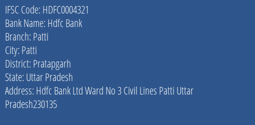 Hdfc Bank Patti Branch Pratapgarh IFSC Code HDFC0004321