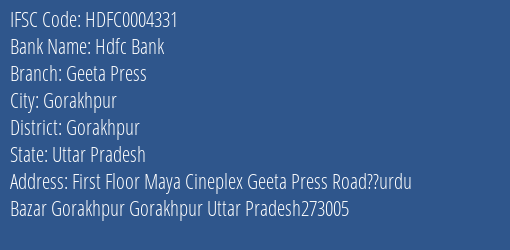 Hdfc Bank Geeta Press Branch Gorakhpur IFSC Code HDFC0004331