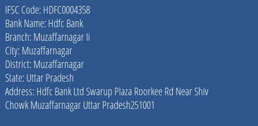 Hdfc Bank Muzaffarnagar Ii Branch, Branch Code 004358 & IFSC Code Hdfc0004358