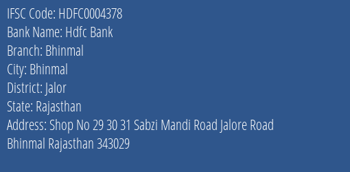 Hdfc Bank Bhinmal Branch Jalor IFSC Code HDFC0004378