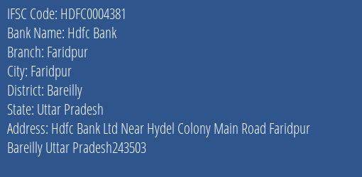 Hdfc Bank Faridpur Branch Bareilly IFSC Code HDFC0004381