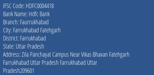 Hdfc Bank Faurrukhabad Branch Farrukhabad IFSC Code HDFC0004418