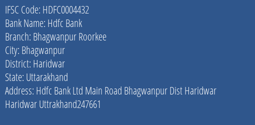 Hdfc Bank Bhagwanpur Roorkee Branch Haridwar IFSC Code HDFC0004432