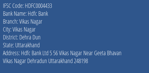 Hdfc Bank Vikas Nagar Branch Dehra Dun IFSC Code HDFC0004433